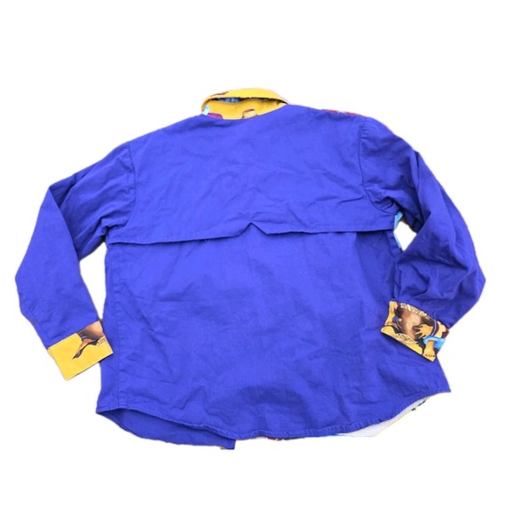 Vintage 80s Southwestern Western Art Shirt Purple Yellow Cowboy Print Colorblock - Picture 8 of 9